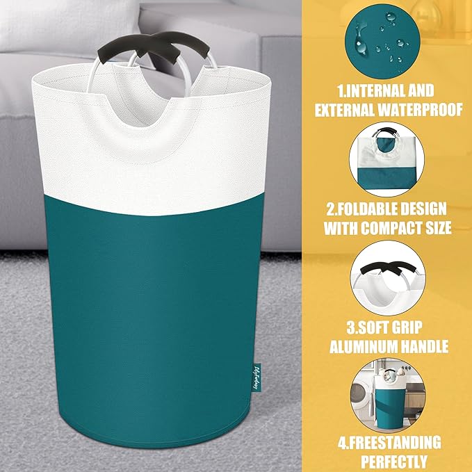125L Laundry Basket, Collapsible Laundry Hamper with Padded Handles, Waterproof Laundry Bag, Tall Clothes Hamper Stand Up Well, Foldable Laundry Baskets for Easy Storage(Light Blue)