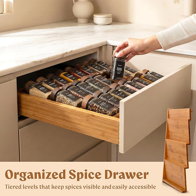 Spice Drawer Organizer - Expandable Spice Rack for Drawer, Black Seasoning Organizer for Drawer Spice Organizer, Spice Organization Seasoning rack insert for Cabinet (Jars Not Included)