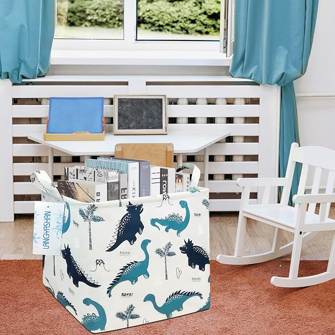 LANGYASHAN Square Storage Baskets Waterproof Canvas Children Laundry Nursery Hamper for Shelves Gift Baskets Toy Organizer Room Decor (Square Dinosaur)
