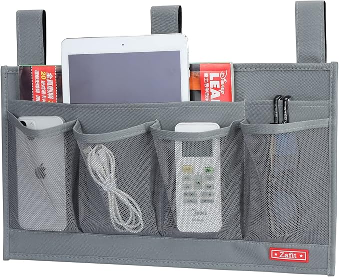 Hanging Bedside Caddy, Bedside Storage Organizer for Magazine, Phone, Remote control (6 Pockets-Grey)