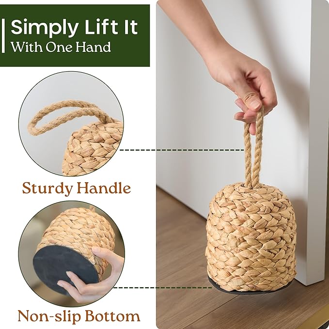 4.4lbs Natural Door Stopper for Bottom of Door Decorative Heavy Duty Door Stop with Handle Wicker Cute Door Stopper for Modern Farmhouse Water Hyacinth Home Decor 4.7" D x 6.3" H