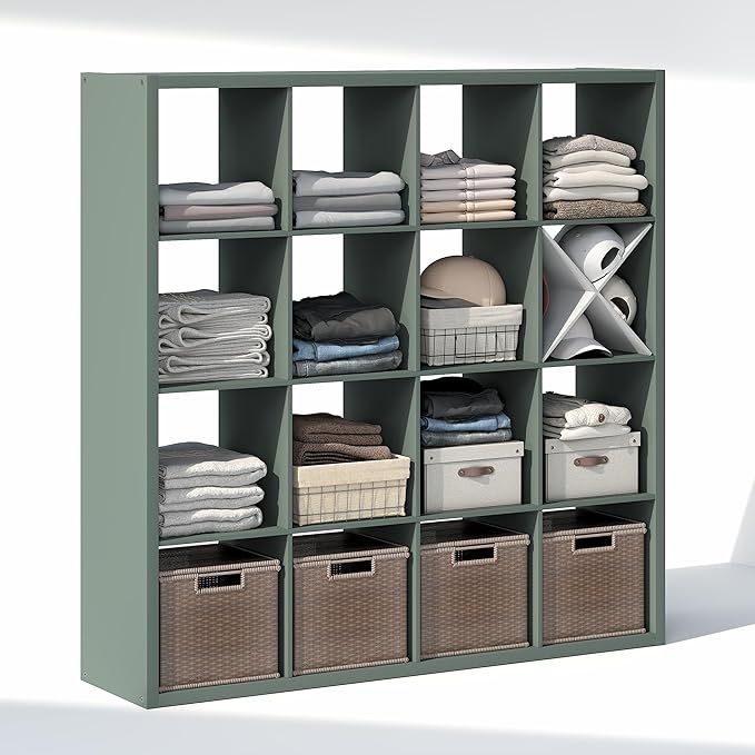 Furinno Cubic Closet Organizers and Storage, 16-Cube Closet Organizer, Open Shelf Closet Storage, Extra Thick Frame for Wardrobe, Bedroom, Living Room, Sage Green