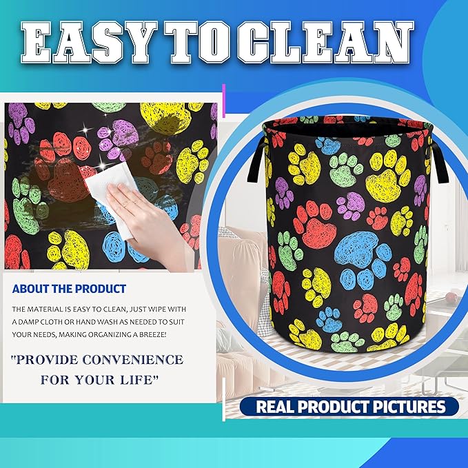 Dog Cat Paw Prints Laundry Basket Oxford Cloth Animal Laundry Hamper With Handle Foldable Portable Clothes Storage Basket 18.9 X 16.5 Inch Storage Bag For Laundry Room/Bathroom/Bedroom/Dormitories