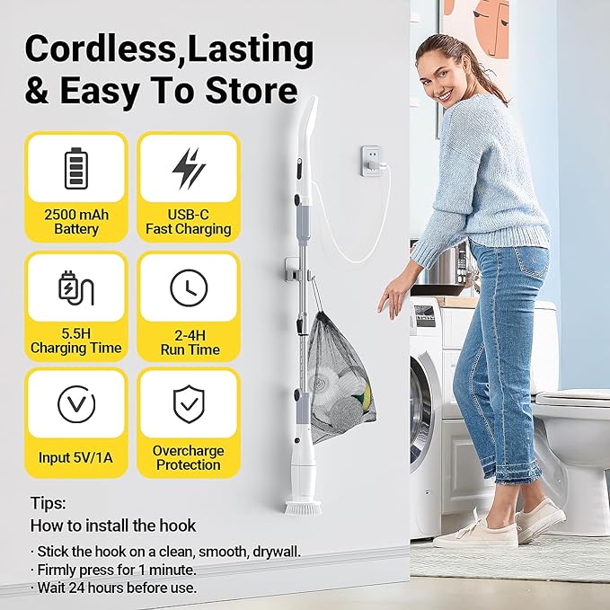StarVal Electric Spin Scrubber, Cordless Cleaning Brush Shower Scrubber Up to 550 RPM with 9 Replaceable Brush Heads, Bathroom Scrubber Adjustable Extension Handle for Cleaning Bathroom Kitchen(Grey)