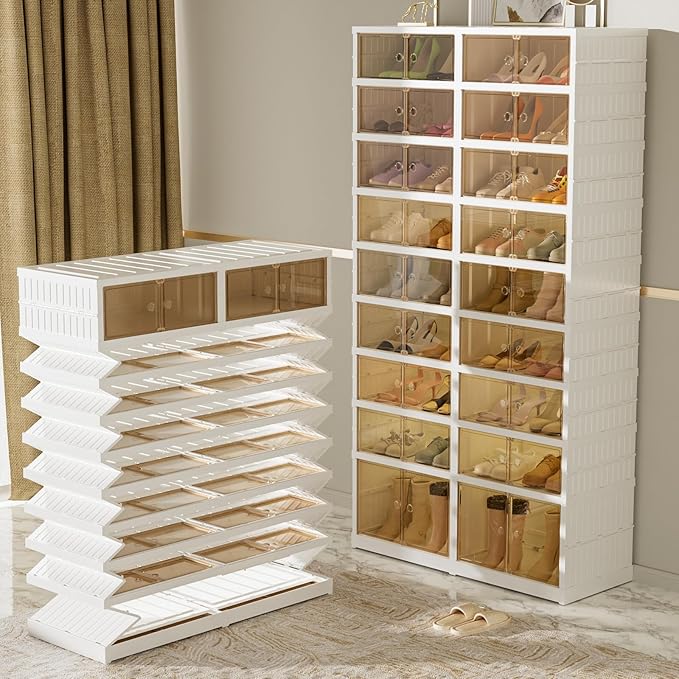 9-Tier Portable Shoe Rack Organizer for Closet, 36 Pairs Shoe Container Bins, Clear Plastic Collapsible Shoes Storage Box, Stackable Sneaker Storage Shoe Cabinet with Door
