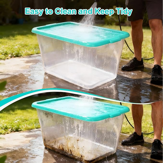 Storage Totes with Lids - Made in USA 14.5-Gallon (58-Quart) 4-Pack Aqua Storage Bins with Lids Plastic Storage Containers Large Storage Boxes for Organizer Aqua/Clear