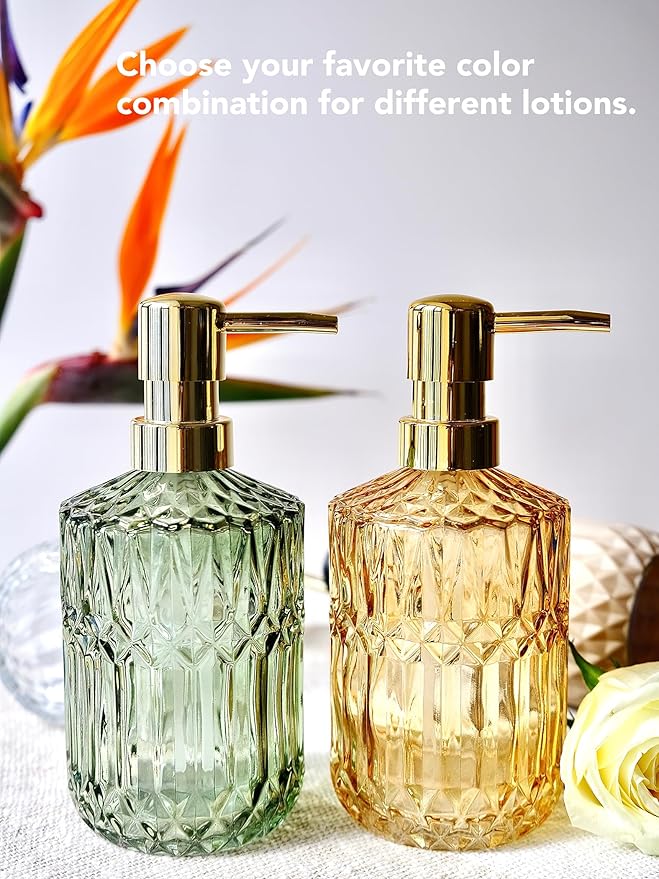 Clear Glass Soap Dispenser with Gold Rust Proof Pump, Refillable Thick Glass Kitchen Soap Dispenser, Lotion Dispenser Bathroom for Hands Soap, Dish Soap, Body Wash (Yellow Gold