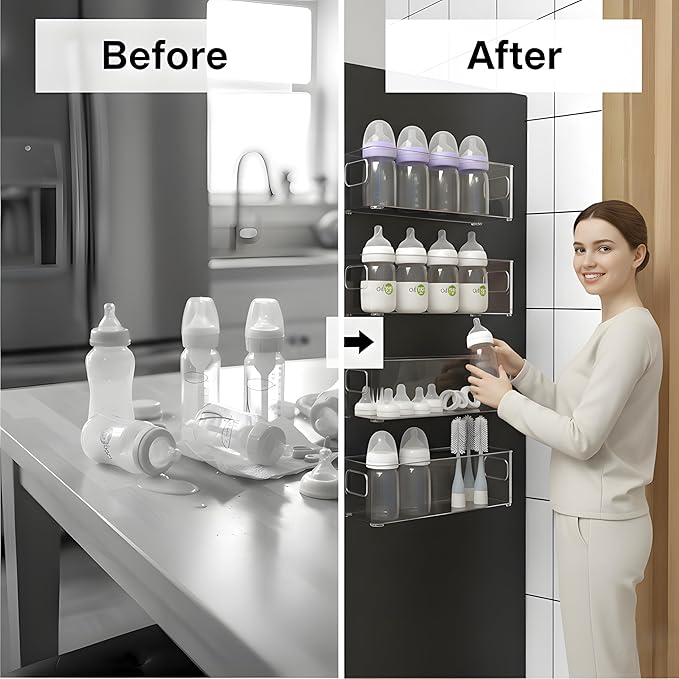 MGY 4Pack Clear Magnetic Baby Bottle Organizer for Refrigerator, Space-Saving Storage Container for Baby Bottles,Bottle Organizer