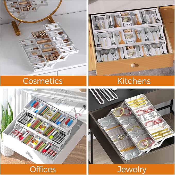 3 Tier Drawer Organizer - Expandable Junk Drawer Organizer Smart Office Supply Organizer, Folding Drawer Storage Multi-level Desk Organizer for Makeup,Jewelry,Kitchen Storage (1 Row 3 Tier, White)