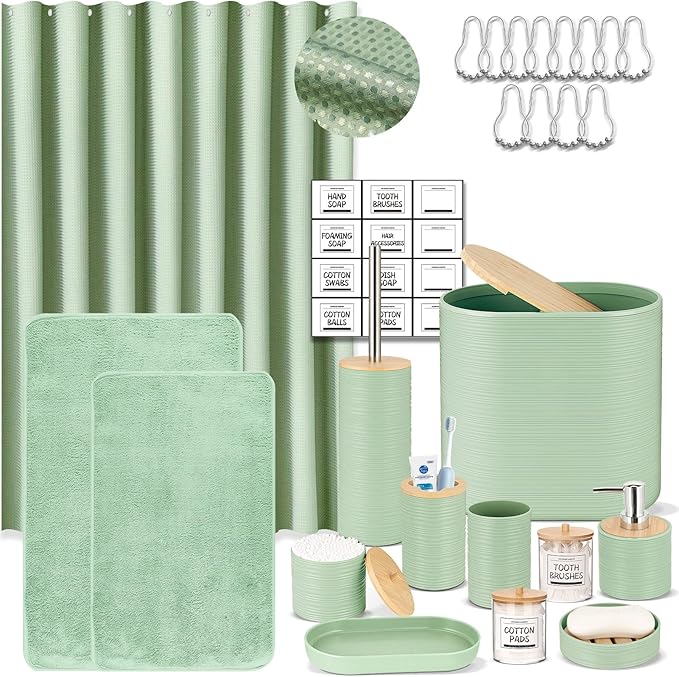 IMAVO Green Bathroom Set,26Pcs Bathroom Accessories Set with Waffle Shower Curtain,Rugs,Trash Can,Tray,Soap Dispenser,Soap Dish,Toothbrush Holder,Toothbrush Cup,Toilet Brush Holder and Qtip Holders