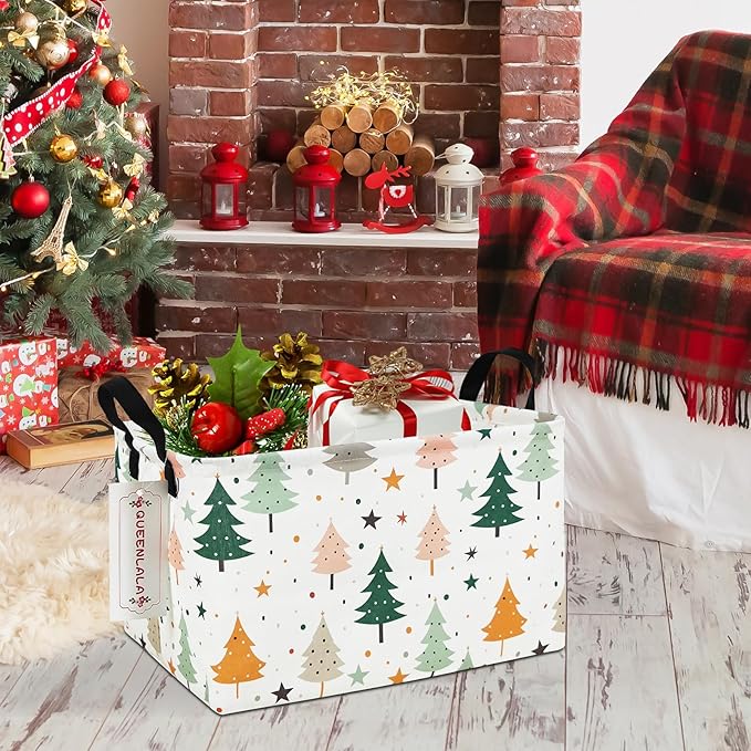 QUEENLALA Rectangular Laundry Hamper/Foldable Nursery Laundry Basket for Organizing/Storage Bin Baskets/Children Toy Office Bedroom/Toy Bin Closet Shelf Baskets（Rec-Pine tree）
