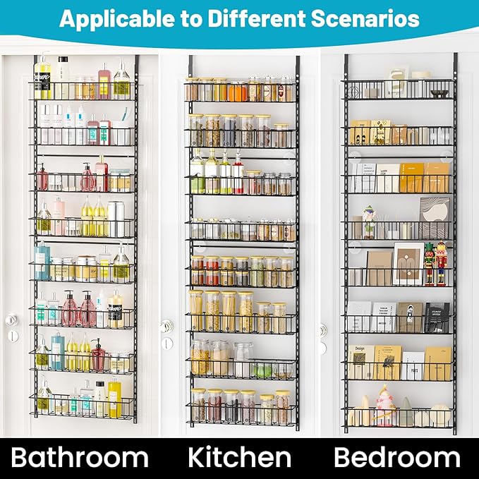 8-Tier Pantry Door Oragnizer, Over The Door Pantry Organizer Rack and Storage, Hanging Spice Rack Shelves Door, Home Office Laundry Room Bathroom & Kitchen Organization Essentials Metal