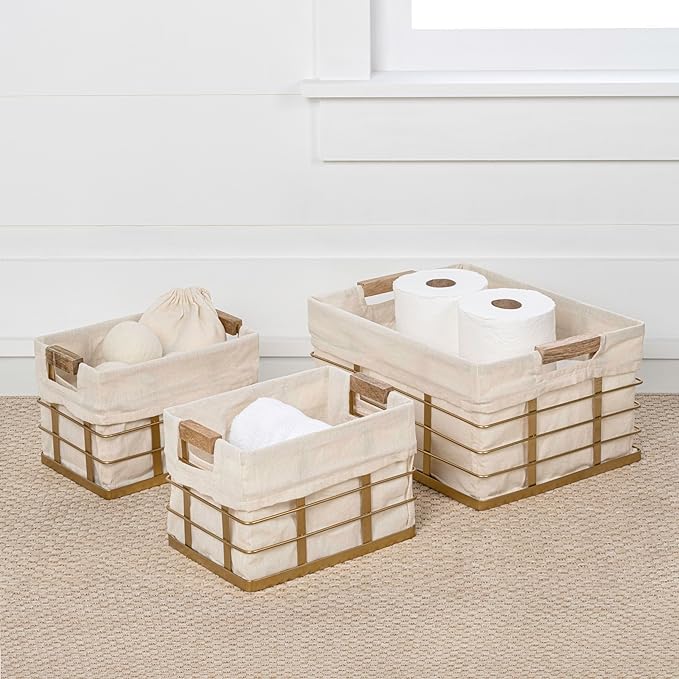 happimess BSK3002D-3SET Callan Vintage Industrial Wire Metal Nesting Storage Baskets with Wood Handles and Fabric Liner for Shelves, Cabinets, Pantry, Countertop, Mesh Open Bin, Gold (Set of 3)