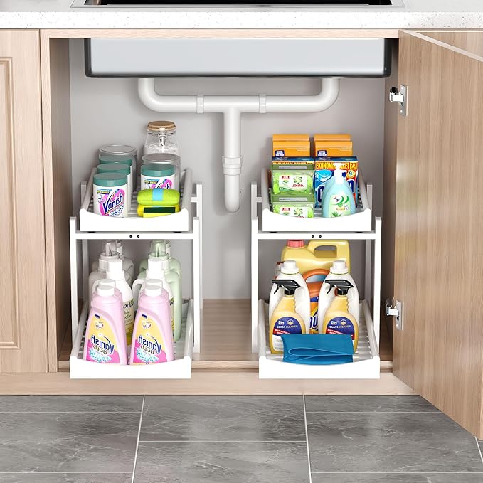 Bamboo Under Sink Organizer and Storage, 2 Pack Pull Out Cabinet Organization, 2 Tier Vertical Slide Out Undersink Storage Shelf, Multi-Purpose Organizer Shelves for Kitchen Bathroom Medicine, White
