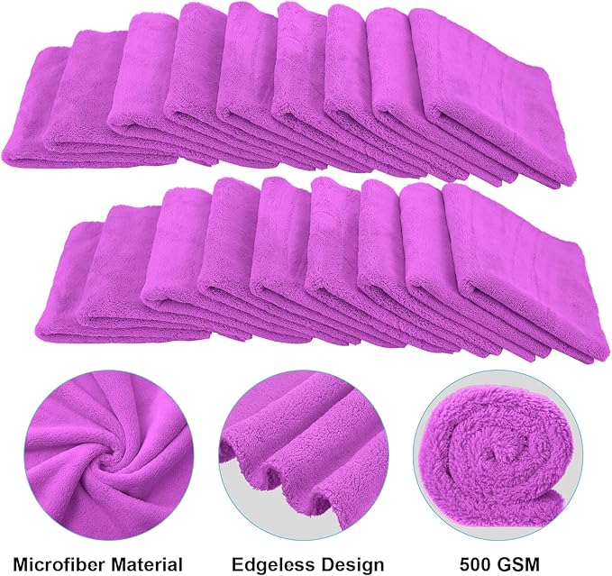 Shimeyao 30 Pcs 16 x 16 Inch Edgeless Microfiber Plush Towels for Cars Detailing Drying Wash Polishing Absorbent Cleaning Cloths, 500 GSM (Purple)