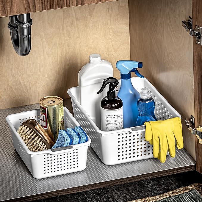 madesmart Medium Storage Basket, Multipurpose Organizer with Soft-Grip Handles, Ventilated Design for Laundry, Bath & Kitchen Storage, White, 14 x 10 x 5"
