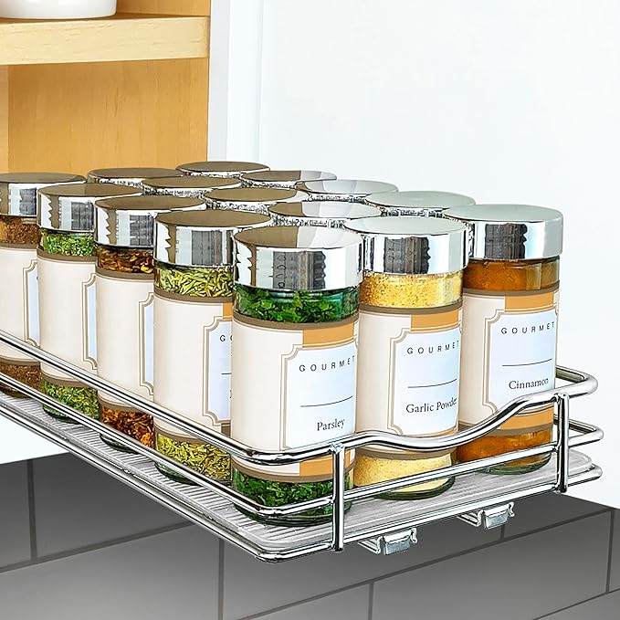 LYNK PROFESSIONAL® Pull Out Spice Rack Organizer for Inside Kitchen Cabinets - 6-3/8 inch Wide - Slide Out Drawer – Chrome Sliding Spice Organization for cabinet - Spice Racks - 1 Tier