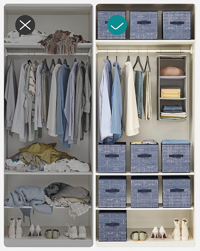 SONGMICS Storage Cubes, 11-Inch Non-Woven Fabric Bins with Double Handles, Set of 6, Closet Organizers for Shelves, Foldable, for Clothes, Misty Blue UROB026I01