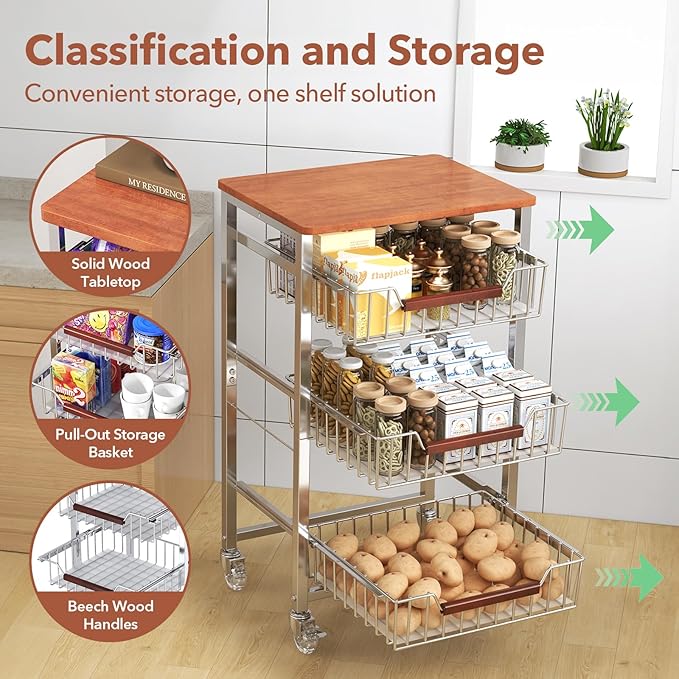 4-Tier Slim Rolling Fruit & Vegetable Storage Cart with Removable Baskets, Narrow Metal Kitchen Organizer Cart on Wheels, Fruit Basket Stand & Fruteros para Cocina, Pantry Cart for Storage