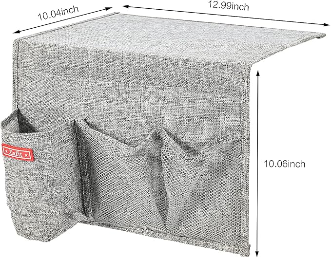 Zafit Linen 4 Pockets Bedside Caddy, Bedside Storage Organizer with Water Bottle Holde for Magazine, Remotes, Phone (Grey)