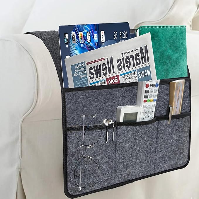 KAKKOII Sofa Armrest Caddy, Armchair Caddy for Recliner, Couch Organizer, Bedside Organizer, Remote Holder with Silicone Non-slip Design,4 Pockets for Magazine, Notepad,Phone, Ipad, Glasses (Black)