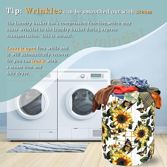 Yellow Sunflower Butterfly Laundry Basket Flowers Foldable Funny Laundry Hamper Oxford Cloth Colorful Tote Bag Clothe Toy Storage Bucket 18.9" x 16.5"For Bathroom/Laundry Storage/Bedroom