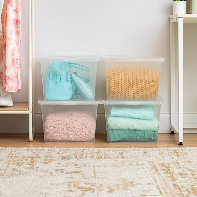 IRIS USA 4-Pack Storage Bins with Lids, 25 Quart, Clear Stackable Containers Box Organize Shoes Closet Shelves Clothes Blankets Towels - BPA-Free Plastic