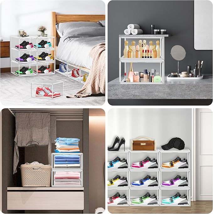 2 Pack Clear Shoe Boxes Size 12 Shoe Storage Organizer for Closet Stackable Shoes Rack Handbag Organizer Plastic Sneaker Storage Bin with Magnetic lids