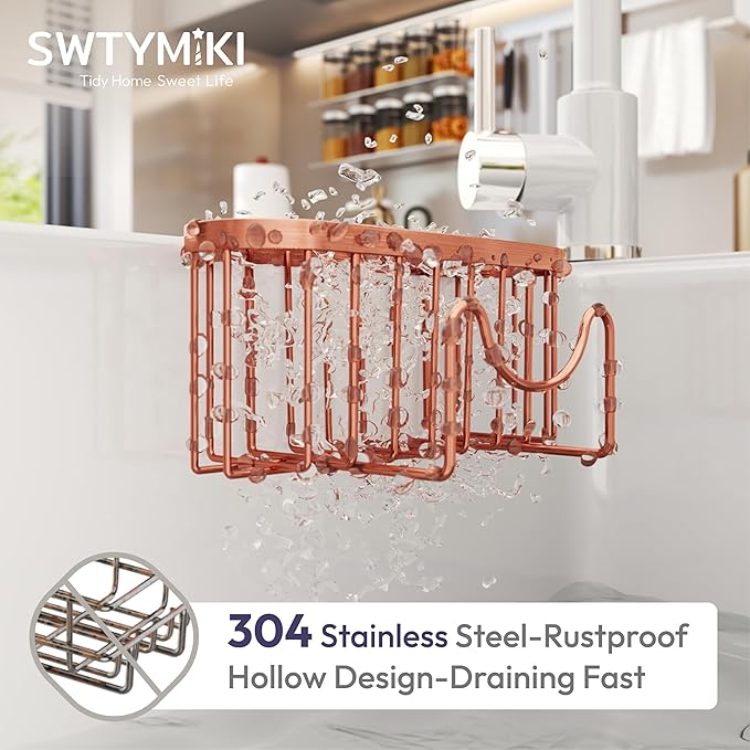 SWTYMIKI Sink Caddy - Movable Stainless Steel Hanging Organizer with M Shape Hook, Fits Double Sink, Rose Gold