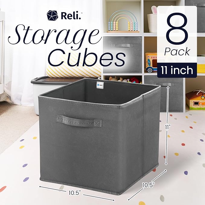 Reli. 11 Inch Cube Storage Bins (8 Pack) | Cube Organizer Bins | 11x11 Fabric Storage Boxes | Collapsible, Foldable Fabric Cubby Box (Square) | Kids Room Organization (Dark Gray)