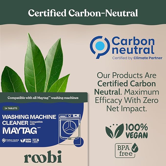 Roobi Washing Machine Cleaner Tablets. Compatible with Maytag and All Washing Machine Brands and Models. Septic Safe Deep Clean Formula. Carbon-Neutral 24-Pack Cleaning Tablets.