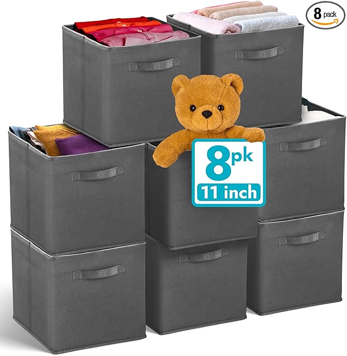 Reli. 11 Inch Cube Storage Bins (8 Pack) | Cube Organizer Bins | 11x11 Fabric Storage Boxes | Collapsible, Foldable Fabric Cubby Box (Square) | Kids Room Organization (Dark Gray)