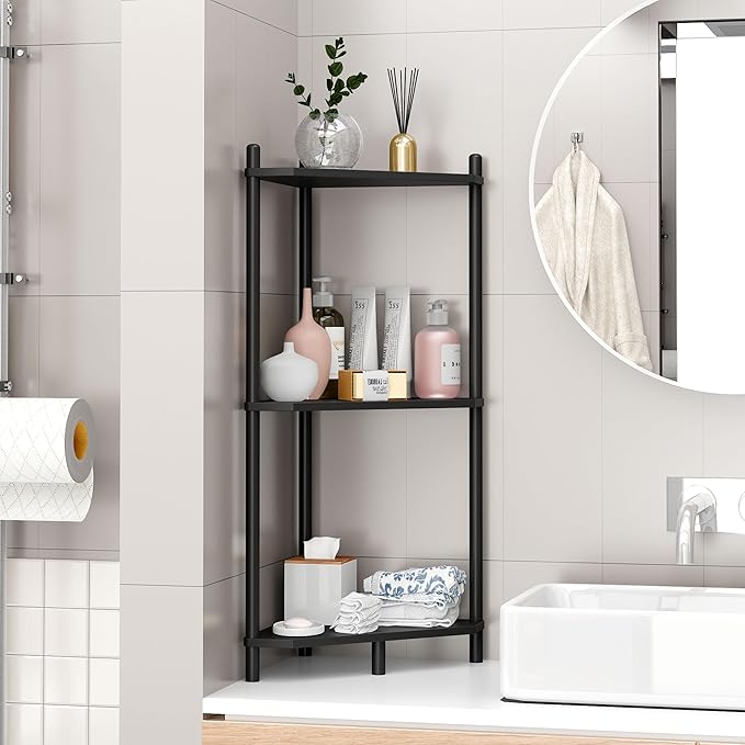 Corner Shelf Stand - 3 Tier Bamboo Small Corner Bookshelf for Office Kitchen Bedroom Plant Stand Living Room Decor Small Space (Black, 3 Tier)