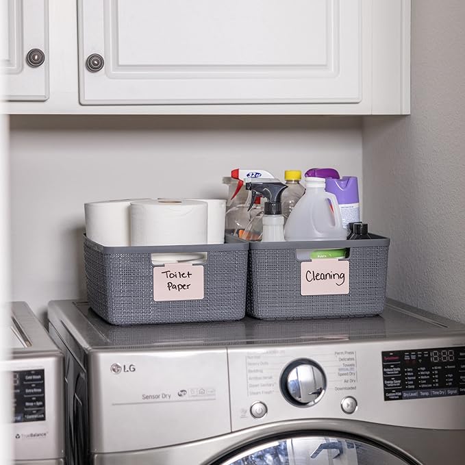 Hygge & Sage: Metal Non-Slip Basket Labels Clip On for Storage Bins, or Wire Racks | Includes 8 Labels, 8 Non-Slip Pads and 2 Free Markers (Pink)