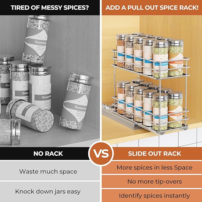 Pull Out Spice Rack Organizer for Cabinet, Slide Out Spice Racks, Easy to Install, 4.33" Wx10.43 Dx8.66 H, 1 Drawer 2 Tiers(Silver)