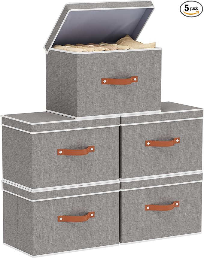 YheenLf Storage Bins with Lids, Fabric Collapsible Boxes, 17.7 x 11.8 x 11.8 Inch Storage Baskets with Handles for Bedroom Laundry Bathroom, Grey, 5-Pack