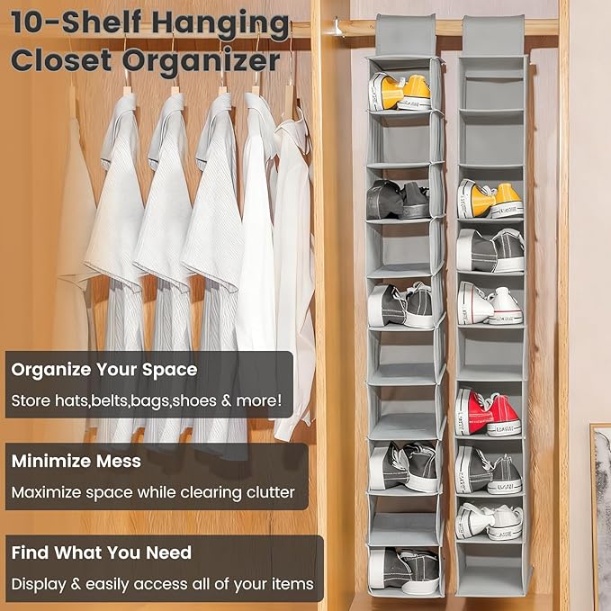 HomeBeyond 10-Shelf Hanging Closet Organizer, Grey Storage Shelves for Clothes, Shoes, and Accessories, Space-Saving Closet Storage Solution