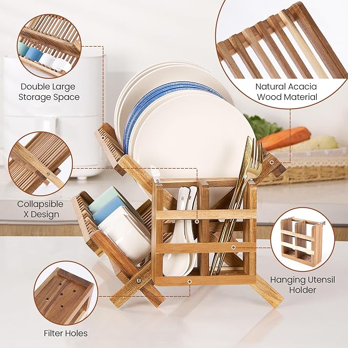 Acacia Wooden Dish Drying Rack for Kitchen Counter 2-Tier Collapsible Bmaboo Dish Drying Rack with Utensil Holder-Large Folding Dish Drainer Rack with Flatware Holder 34 pcs Grid