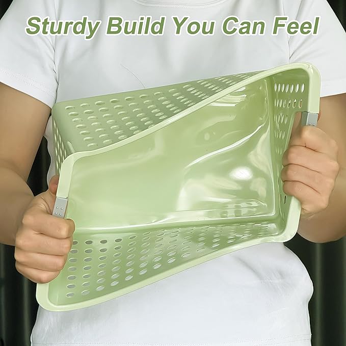 Soddeph 4 Pack Plastic Storage Basket with Handles, Small Deep Organizer Bin with Hollow Design for Under Counter, Shelf, Closet, Kitchen or Bathroom (Green, Small)