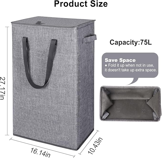 Odonata 75L Slim Laundry Hamper with Lid,Large Foldable Laundry Basket with Removable Bag and Handles Tall Collapsible Dirty Clothes Basket Great for Bedroom, Bathroom, Dorm, College,RV. (Grey, 75L)