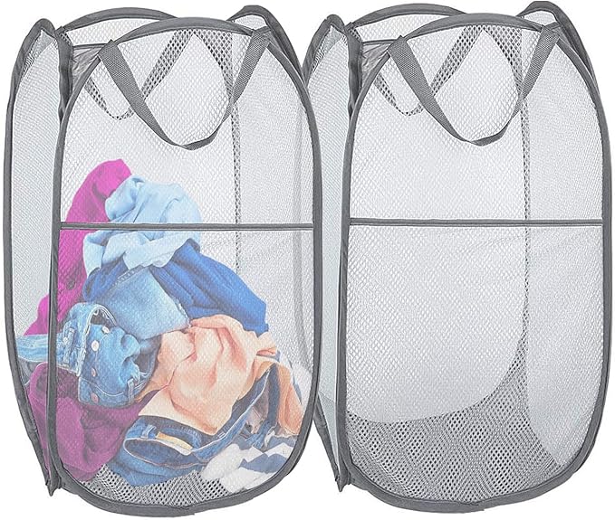 2 Pack Pop Up Laundry Hamper, Collapsible Laundry Baskets, Foldable Mesh Laundry Baskets Storage Bins Large Top Opening for Bedroom, College Dorm, Travel (Grey)