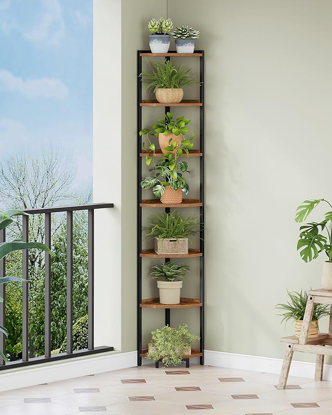Corner Shelf Stand, Corner Bookshelf, Storage Standing Shelf Unit with Metal Frame, Plant Stand, Bookcase for Living Room, Home Office, Bedroom, 7-Tier Rustic Brown CS07001B