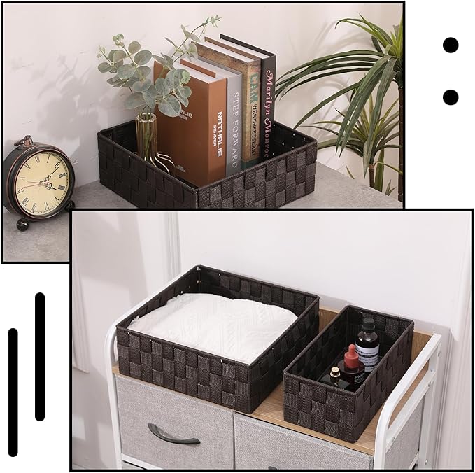 Storage Bins Woven Organizer Set of 7 – Polypropylene Storage Baskets with Metal Frame, Stackable Fabric Boxes for Drawers, Closet, Shelf, Nursery and Office, Brown
