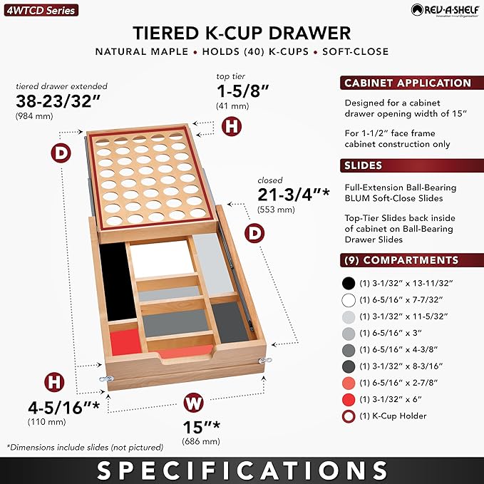 Rev-A-Shelf 15 Inch 2 Tiered Cutlery and Utensil Pullout Drawer Organizer with KCUP Tray and Soft-Close Slides, 4WTCD-18HSC-KCUP-1