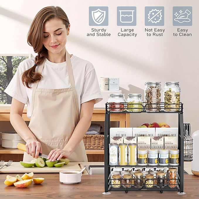 Spice Rack Organizer for Cabinet, 3 Tier Black Countertop Organizer Small Spice Rack, Kitchen Spice Shelf Organizer for Cabinet, Pantry, Bathroom, Bedroom, Coffee Station