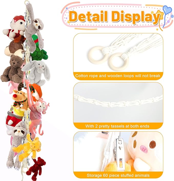 3PCS Hanging Stuffed Animal Storage - Boho Stuffed Animal Hammock Corner for Room Decor, Macrame Stuff Animal Organizer with 60 Metal Clips for Plushies Storage