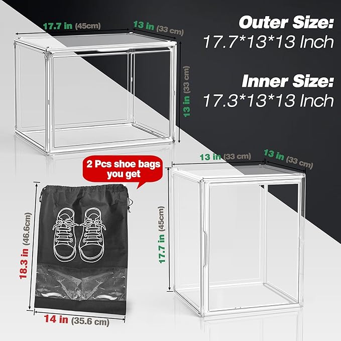 5 Pack XXX-Large Super Large Acrylic Display Case Figures Collectibles Helmet Showcase Boot & Shoe Boxes Clear Stackable Plastic Storage Bins Organizer with Magnetic Lid, 5 Pack with 2 Shoe Bags