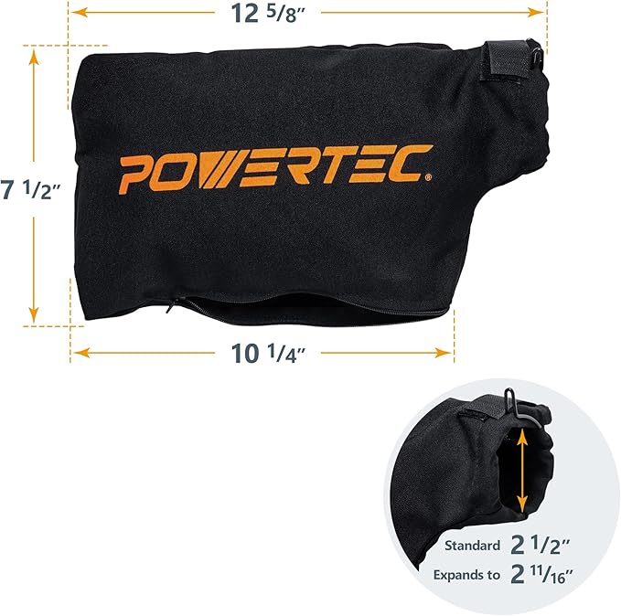 POWERTEC Miter Saw Dust Collector Bag for 10", 12" Miter Saw, Fits Nominal 2-1/2" Dust Ports, Hook and Loop Dust Bag w/Zipper and Wired Adjustable Stand for Belt Sander (75075)