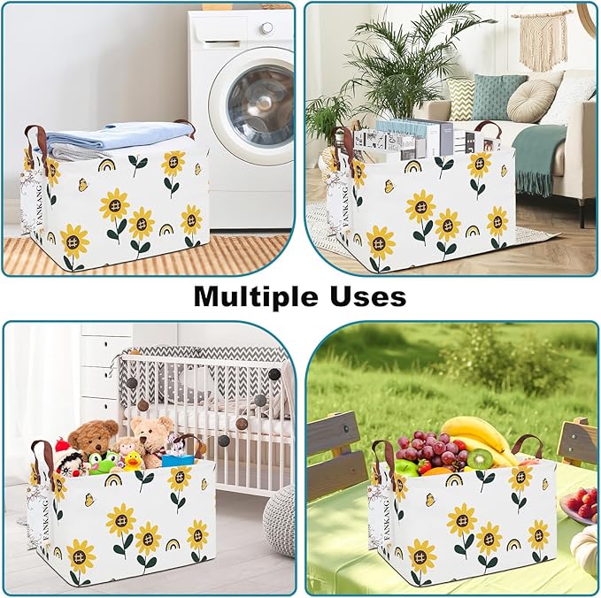 FANKANG Storage Bins, Nursery Hamper Canvas Laundry Basket Foldable with Waterproof PE Coating Large Storage Baskets for Kids Boys and Girls, Office, Bedroom, Clothes,Toys(Rec-Sunflower）
