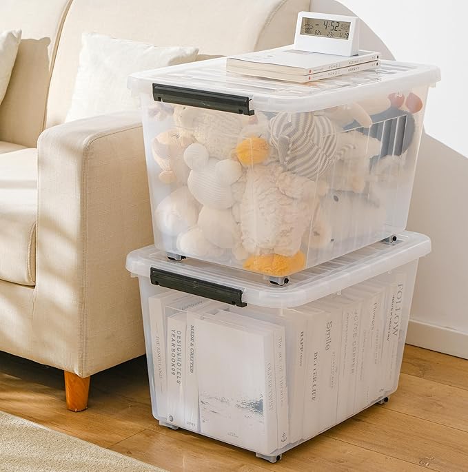 Lidded Storage Bin Stackable Storage Box Organizing Container with Lid and Snap Lock, Durable, Plastic, Clear, 85 quart, Pack of 4
